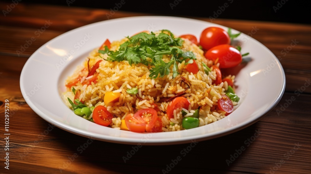 Delicious special fried rice garnished with fresh vegetables and tomatoes served on a plate against a rustic wooden table backdrop Delicious special fried rice garnished with fresh vegetables and tomatoes served on a plate against a rustic wooden table backdrop