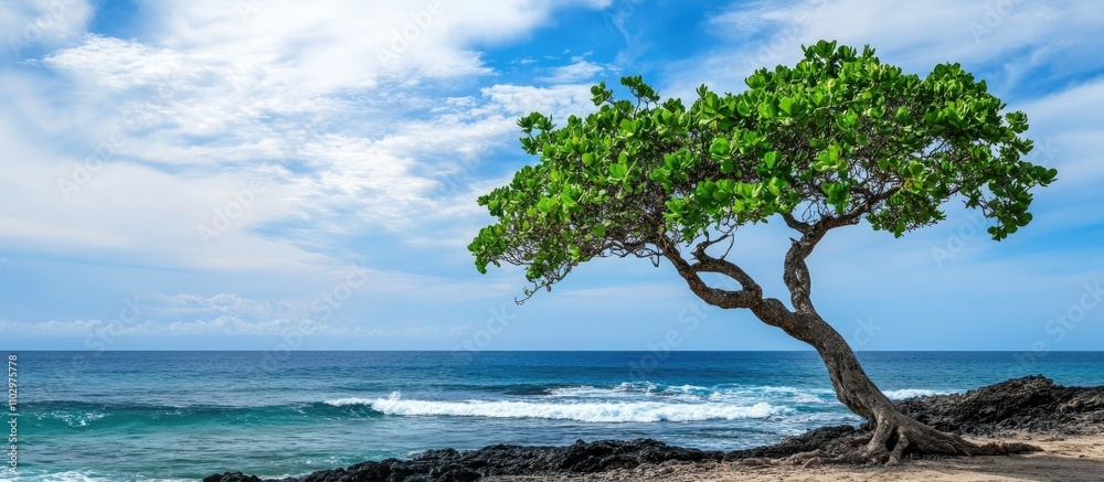 Lone tree by the serene ocean with vibrant blue skies and gentle waves creating a tranquil coastal landscape scene Lone tree by the serene ocean with vibrant blue skies and gentle waves creating a tranquil coastal landscape scene
