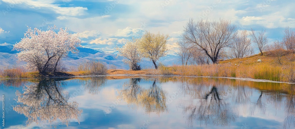 Idyllic spring landscape with serene reflecting lake and blossoming trees showcasing nature's tranquility and healing essence Idyllic spring landscape with serene reflecting lake and blossoming trees showcasing nature's tranquility and healing essence