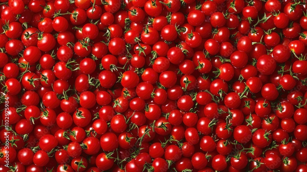 Overhead view of fresh ripe cherry tomatoes grouped together showcasing their vibrant red color and natural shine Overhead view of fresh ripe cherry tomatoes grouped together showcasing their vibrant red color and natural shine
