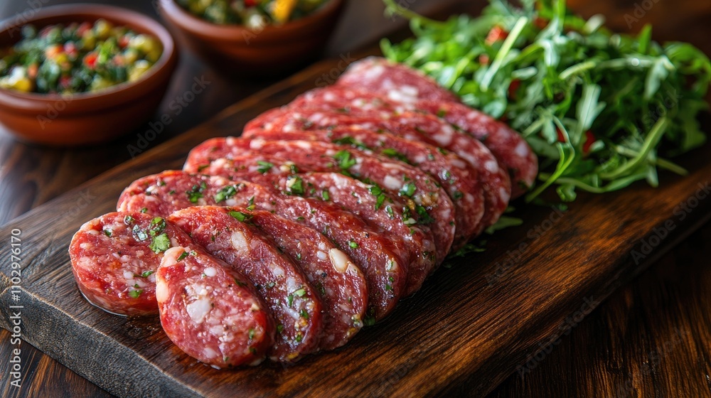 Sliced sausage on a wooden board with rucola salad showcasing a delicious gourmet arrangement for culinary presentations Sliced sausage on a wooden board with rucola salad showcasing a delicious gourmet arrangement for culinary presentations