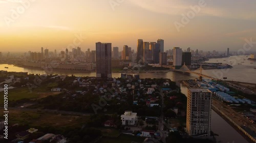 Phnom Penh Cambodia capital city aerial drone sunset sunrise building skyline