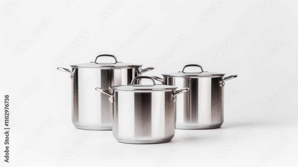 Stainless steel cookware set featuring three pots with lids on a white background for kitchen and cooking concepts Stainless steel cookware set featuring three pots with lids on a white background for kitchen and cooking concepts
