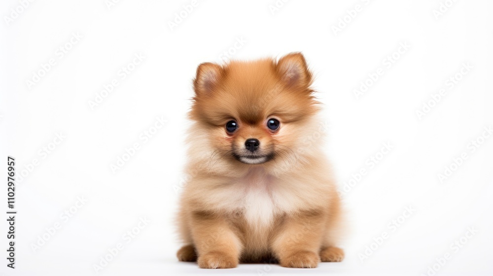 Pomeranian puppy sitting gracefully on a white background showcasing its fluffy coat and playful expression Pomeranian puppy sitting gracefully on a white background showcasing its fluffy coat and playful expression