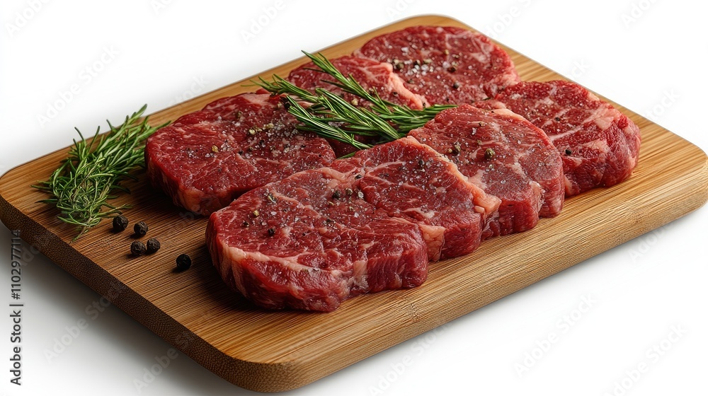 Fresh raw marble beef sirloin porterhouse steaks on a light wood cutting board with herbs against a clean white background Fresh raw marble beef sirloin porterhouse steaks on a light wood cutting board with herbs against a clean white background