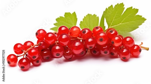 Fresh red currants with green leaves on a white background showcasing vibrant color and texture in a close-up presentation.