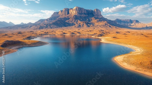 Aerial view of a serene desert lake surrounded by mountains under a clear blue sky showcasing natural beauty and tranquility