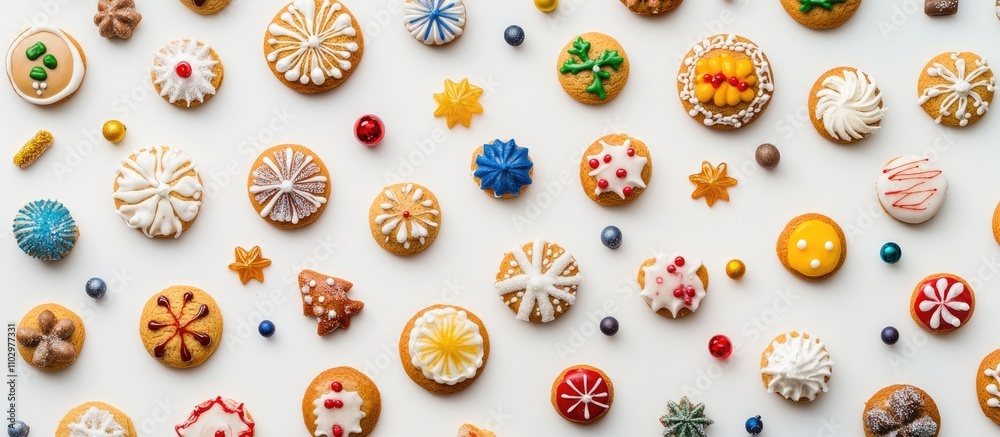 Traditional colorful sugar glazed Christmas gingerbread cookies arranged on a white background creating a festive top view scene with decorations Traditional colorful sugar glazed Christmas gingerbread cookies arranged on a white background creating a festive top view scene with decorations