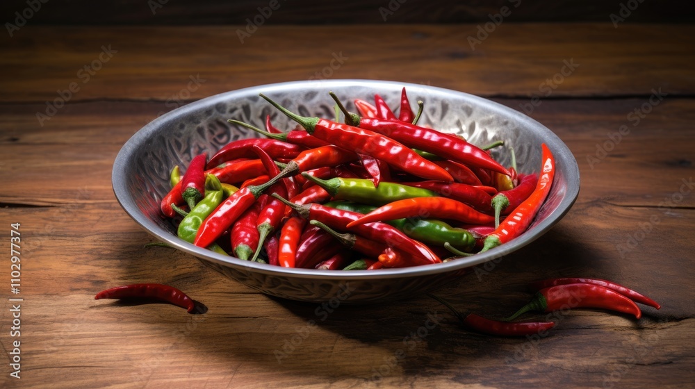 Vibrant assortment of red and green chili peppers in a metallic bowl on rustic wooden surface enhancing culinary aesthetics. Vibrant assortment of red and green chili peppers in a metallic bowl on rustic wooden surface enhancing culinary aesthetics.