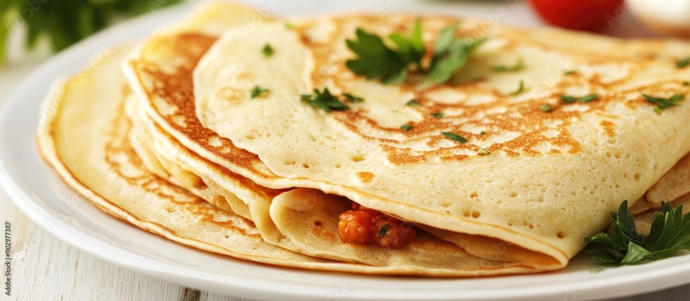 Delicious homemade pancakes stacked with savory filling garnished with fresh herbs ideal for a comforting breakfast scene Delicious homemade pancakes stacked with savory filling garnished with fresh herbs ideal for a comforting breakfast scene