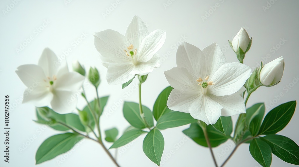 Fototapeta premium Minimalistic composition of delicate white dictamo flowers with buds and green leaves against a clean white background showcasing nature's beauty.