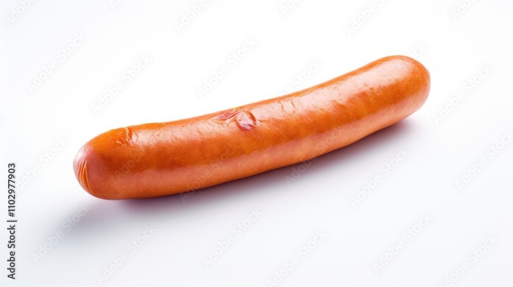Single uncooked sausage on a white background showcasing its texture and color ideal for food marketing and culinary themes