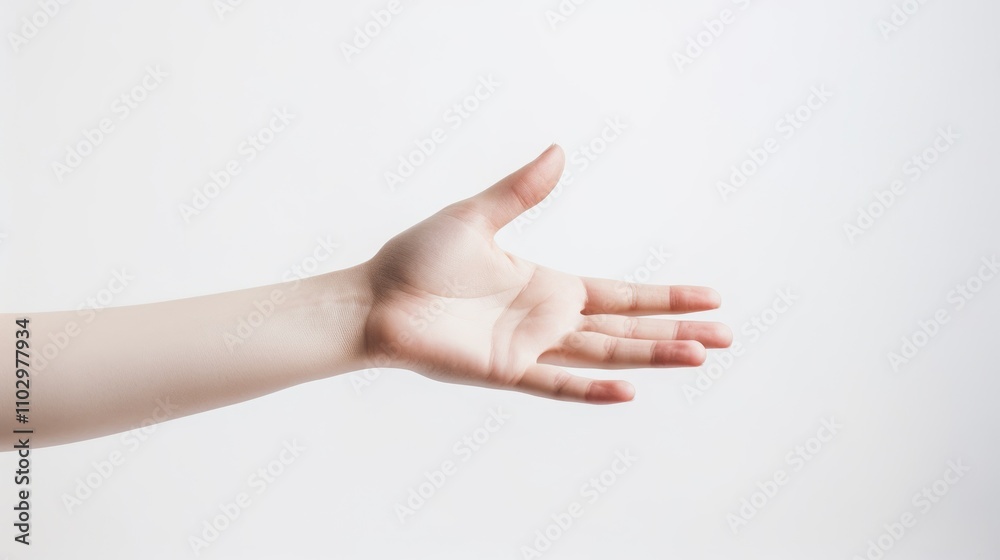 Elegant young woman's open hand gesturing against a clean white background for communication or invitation concepts Elegant young woman's open hand gesturing against a clean white background for communication or invitation concepts