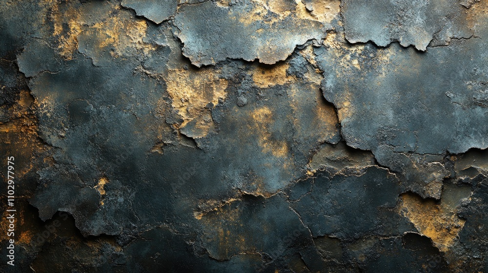 Abstract grunge texture of distressed cracked wall with dark tones and golden highlights suitable for industrial and artistic backgrounds Abstract grunge texture of distressed cracked wall with dark tones and golden highlights suitable for industrial and artistic backgrounds