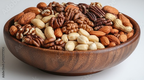 Top view of an assortment of mixed nuts in a rustic wooden bowl on a neutral background showcasing natural textures and colors