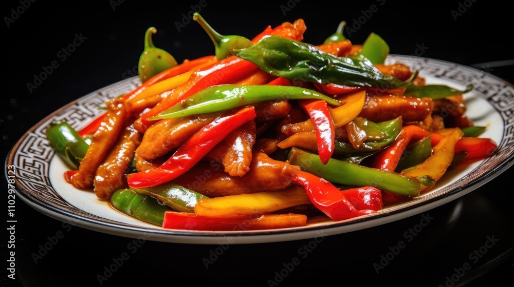 Vibrant assortment of fresh Thai sweet peppers stir-fried with pork on an elegant plate showcasing colorful vegetables and appetizing textures Vibrant assortment of fresh Thai sweet peppers stir-fried with pork on an elegant plate showcasing colorful vegetables and appetizing textures