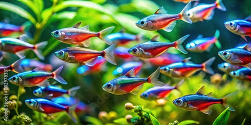 Neon Tetra School Harmony, Bokeh Aquarium, Synchronized Swimming photo