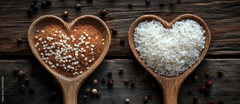 Heart-shaped wooden spoons filled with spices and rice on a rustic wooden background suitable for text placement and culinary themes Heart-shaped wooden spoons filled with spices and rice on a rustic wooden background suitable for text placement and culinary themes