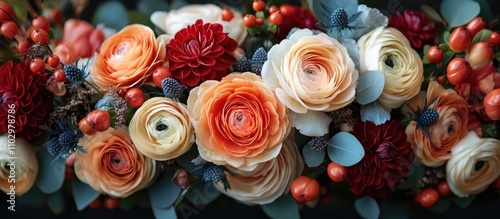 Elegant wedding bouquet featuring a mix of ranunculus, dahlias, and seasonal foliage in soft pastel hues for a romantic bridal theme.