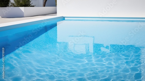Clear turquoise swimming pool reflecting sunlight with minimalistic white surroundings and serene atmosphere