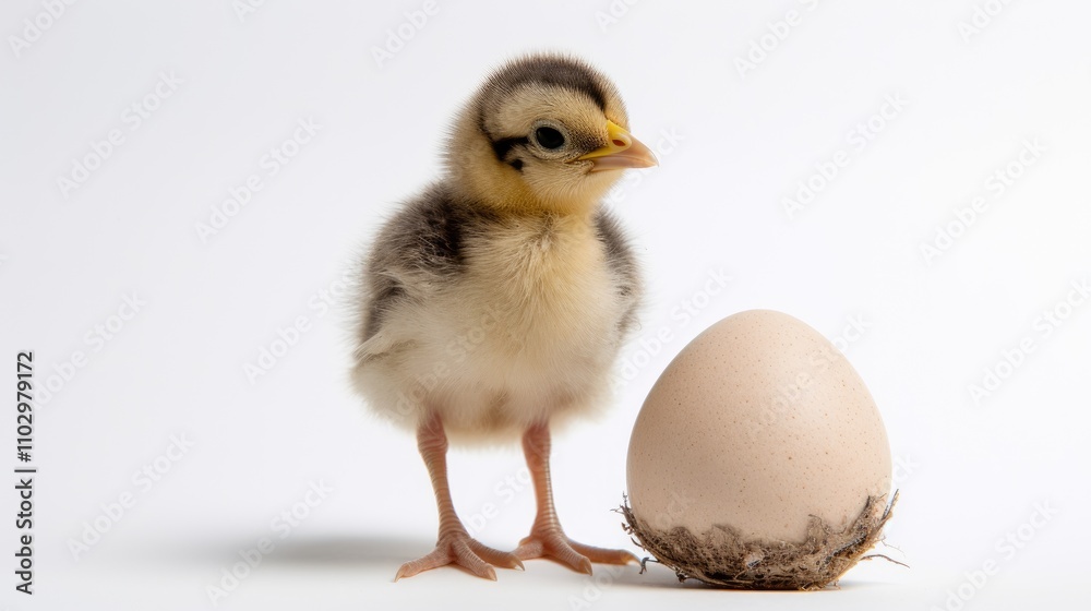 Small nestling chick beside a speckled egg on a white background showcasing new life and innocence in a simple isolated setting. Small nestling chick beside a speckled egg on a white background showcasing new life and innocence in a simple isolated setting.