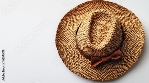 Safari hat with a brown bow tie on a clean white background showcasing summer fashion accessories and outdoor adventure themes. photo