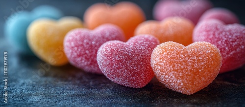 Colorful gummy heart candies arranged on a dark surface perfect for Valentine's Day or sweet-themed celebrations. photo