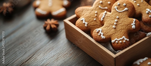 Gingerbread cookies in a wooden box with festive decorations on a rustic table setting ideal for holiday themes and seasonal celebrations photo