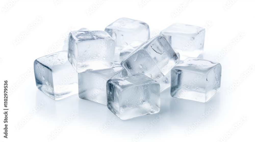 Fresh ice cubes arranged on a pristine white background showcasing clarity and texture in a minimalist style for food and beverage presentations Fresh ice cubes arranged on a pristine white background showcasing clarity and texture in a minimalist style for food and beverage presentations