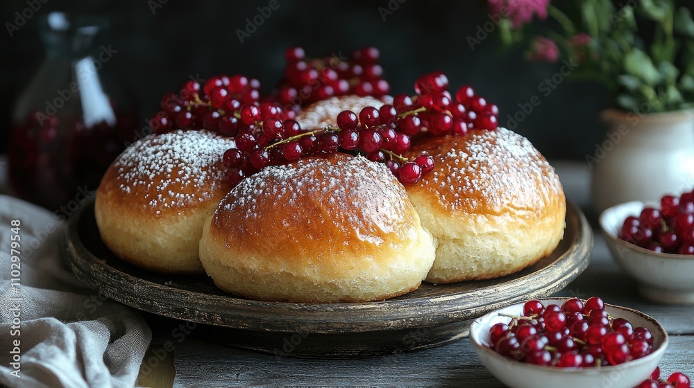 Delicious homemade sweet bread topped with currant jelly and fresh red currants on a rustic wooden table setting Delicious homemade sweet bread topped with currant jelly and fresh red currants on a rustic wooden table setting