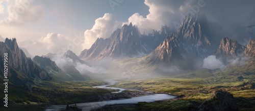 Majestic mountains and serene river flowing through a breathtaking landscape with dramatic clouds and lush greenery