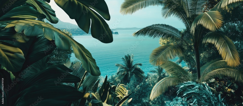 Obraz premium Lush tropical landscape with ocean view framed by vibrant palm leaves and serene waters under a clear sky