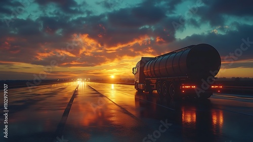 Fuel tanker truck on a long highway at sunset, the sky ablaze with warm hues, headlights illuminating the road, tanker surface gleaming with reflections of the setting sun, cinematic lighting,