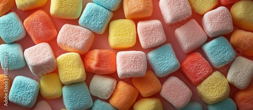 Vibrant multicolored marshmallows stacked together creating a colorful candy background for sweets and desserts themed projects photo