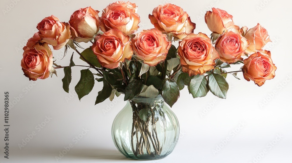 Obraz premium Elegant glass vase filled with vibrant orange and cream roses showcasing their beauty against a soft neutral background.