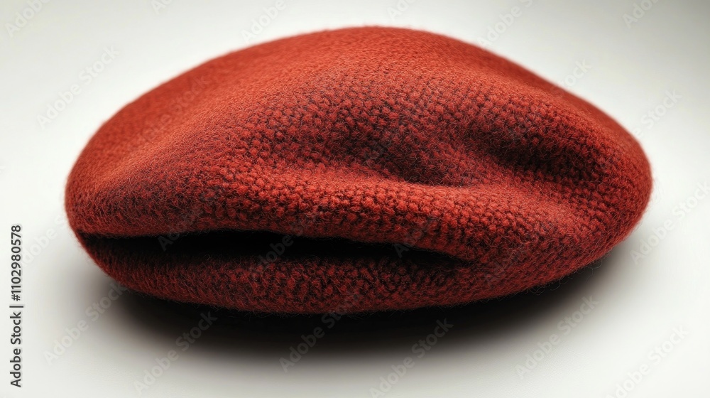 Red beret hat displayed on a white background showcasing stylish female headwear accessory for fashion and costume imagery Red beret hat displayed on a white background showcasing stylish female headwear accessory for fashion and costume imagery