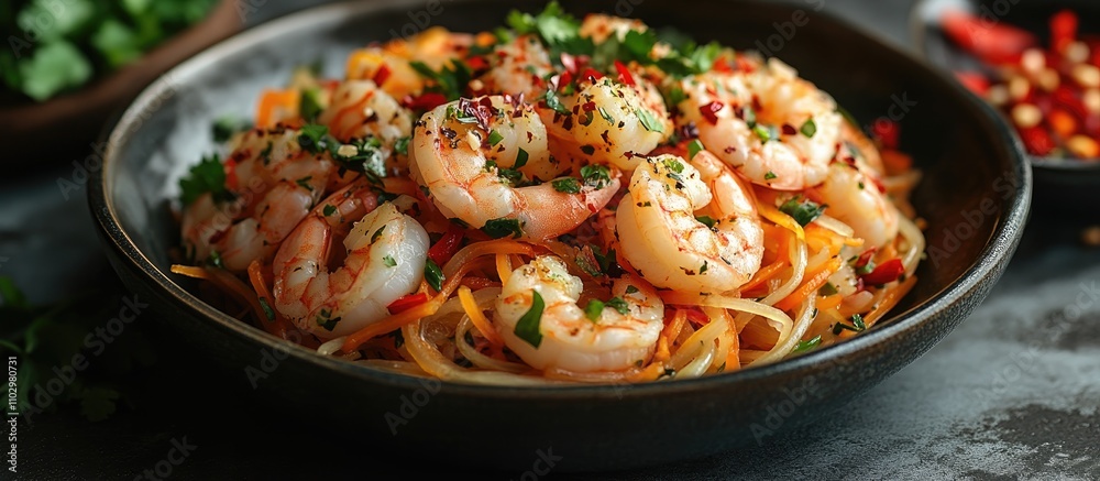 Thai Style Prawn Salad with Papaya and Chili Garnished with Fresh Herbs and Spices Thai Style Prawn Salad with Papaya and Chili Garnished with Fresh Herbs and Spices