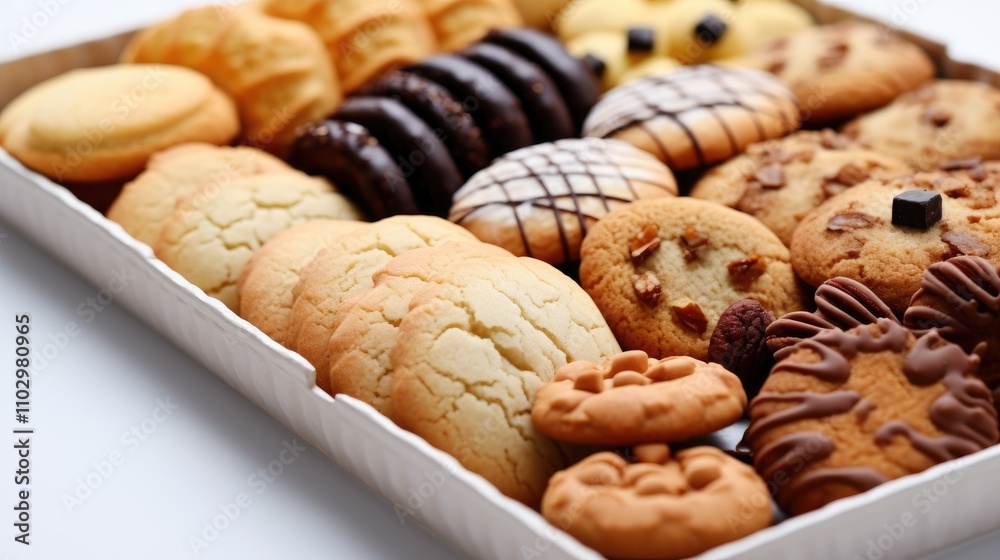 Delicious assortment of homemade cookies on a tray featuring a variety of flavors and textures against a clean white background Delicious assortment of homemade cookies on a tray featuring a variety of flavors and textures against a clean white background