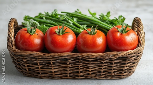 Fresh ripe tomatoes and green onions arranged in a woven basket on a light background showcasing vibrant colors and natural textures.