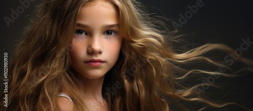 young girl with flowing long hair softly gazing at the camera in a portrait style setting