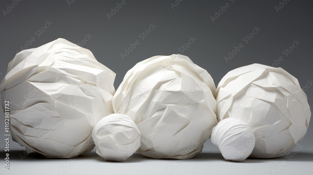 Obraz premium White crumpled paper balls of varying sizes arranged artistically on a neutral background