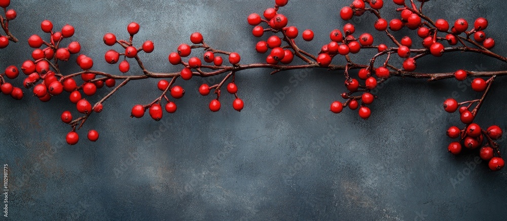 Christmas backdrop with red berries and branches on textured dark blue background for festive design and decoration. Christmas backdrop with red berries and branches on textured dark blue background for festive design and decoration.