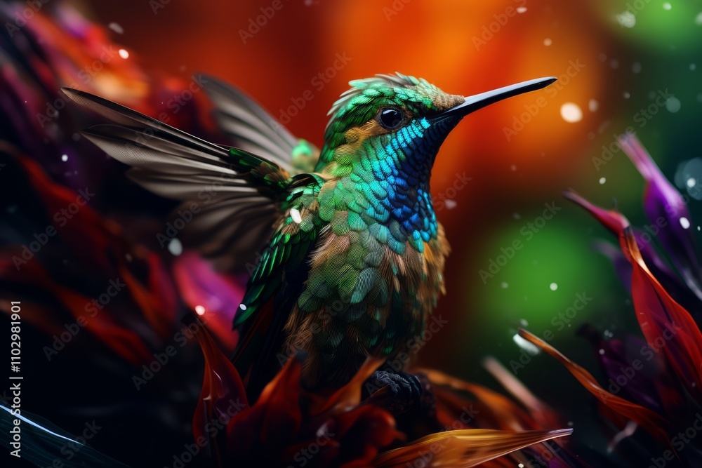 Obraz premium Close-Up Hummingbird with Green Face and Vivid Solarization