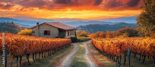 Autumn vineyard landscape with rustic house surrounded by colorful grapevines under a vibrant sunset sky in a peaceful countryside setting photo