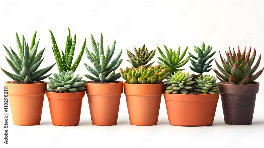 A row of various succulents in terracotta pots, showcasing diverse textures and colors. Perfect for home decor, gardening, or plant-related content. A row of various succulents in terracotta pots, showcasing diverse textures and colors. Perfect for home decor, gardening, or plant-related content.