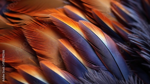 Detailed macro shot showcasing vibrant colors and intricate patterns of pheasant feathers for nature and wildlife themes. photo