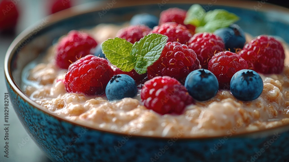 Nutritious oatmeal bowl topped with fresh berries and mint leaves in rustic style showcasing vibrant colors and healthy breakfast appeal Nutritious oatmeal bowl topped with fresh berries and mint leaves in rustic style showcasing vibrant colors and healthy breakfast appeal
