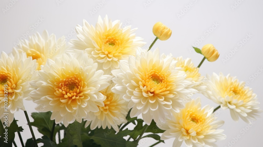 Chrysanthemum flowers in soft yellow and white hues beautifully arranged on a clean white background for floral design concepts Chrysanthemum flowers in soft yellow and white hues beautifully arranged on a clean white background for floral design concepts