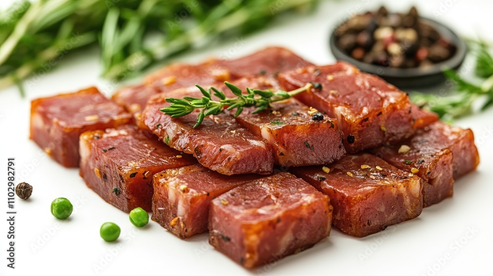 Spicy ham slices garnished with herbs and surrounded by peppercorns on a clean white background Spicy ham slices garnished with herbs and surrounded by peppercorns on a clean white background