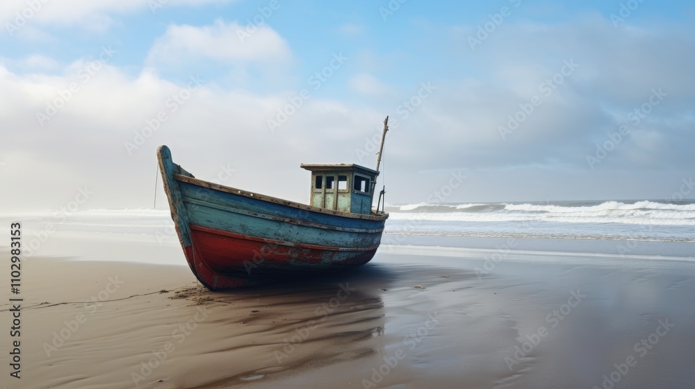 Abandoned fishing boat stranded on sandy beach with gentle waves and cloudy sky in the background Abandoned fishing boat stranded on sandy beach with gentle waves and cloudy sky in the background